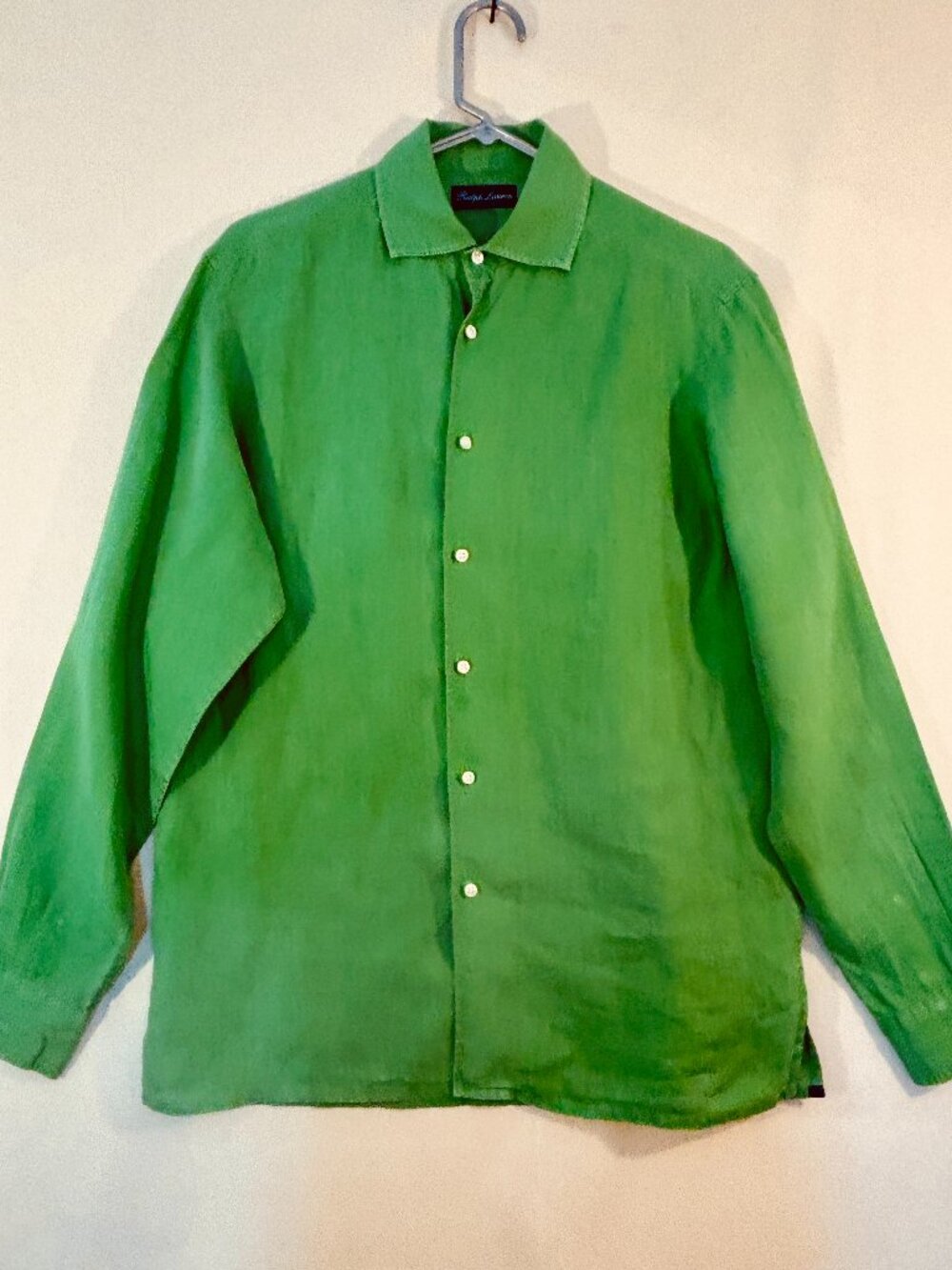 Ralph Lauren Purple Label Green 100% Linen Shirt Made Italy Mens Luxury 24" P2P